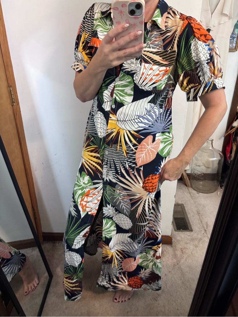 Love + Harmony Tropical Leaf Print Cotton Shirt Dress Navy with Green & Orange